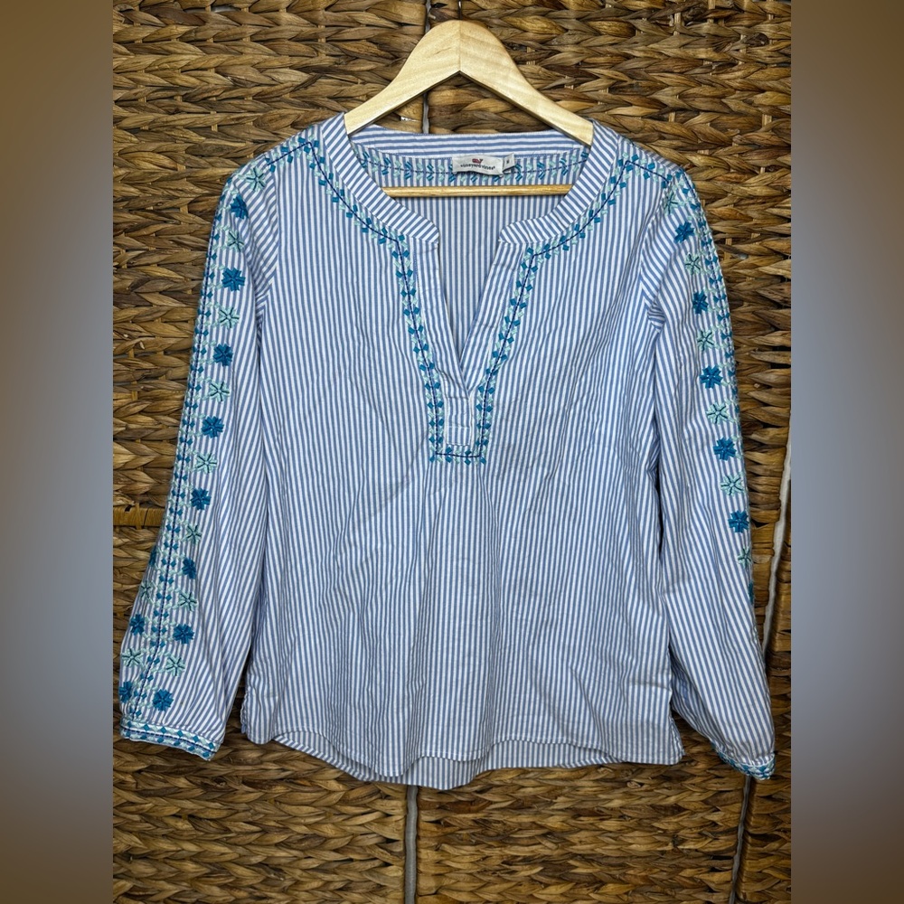 Vinyard Vines Medium Striped Embroidered Tunic Top - Blue & White